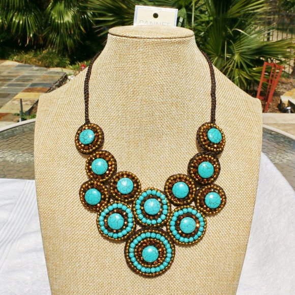 Boho Necklace Turquoise Chunky Festival Bib NWT - Picture 5 of 6